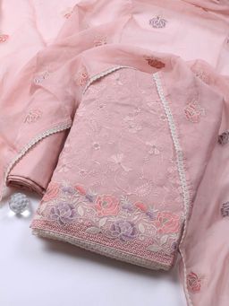 MEENA BAZAAR - Pink Neck Embroidered Organza Unstitched Dress Material with Dupatta