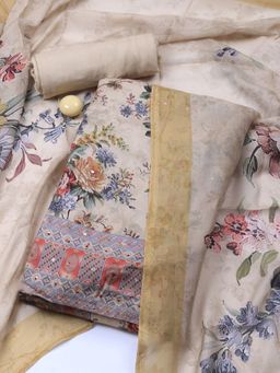 MEENA BAZAAR - Beige Printed Muslin Unstitched Dress Material with Dupatta
