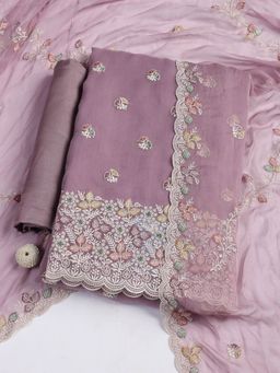 MEENA BAZAAR - Mauve Embroidered Chinnon Unstitched Dress Material with Dupatta