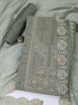 MEENA BAZAAR - Green Embroidered Chanderi Unstitched Dress Material with Dupatta