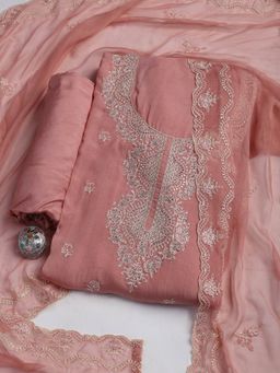 MEENA BAZAAR - Peach Embroidered Chanderi Unstitched Dress Material with Dupatta