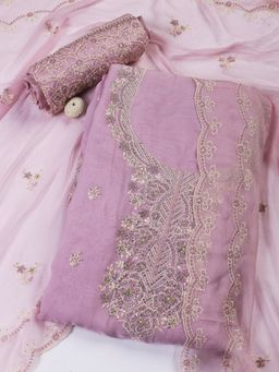 MEENA BAZAAR - Mauve Embroidered Chanderi Unstitched Dress Material with Dupatta