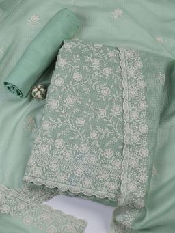 MEENA BAZAAR - Green Embroidered Cotton Blend Unstitched Dress Material with Dupatta