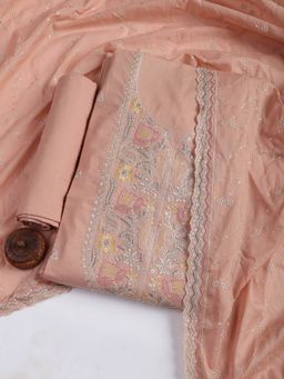 MEENA BAZAAR - Peach Embroidered Cotton Blend Unstitched Dress Material with Dupatta
