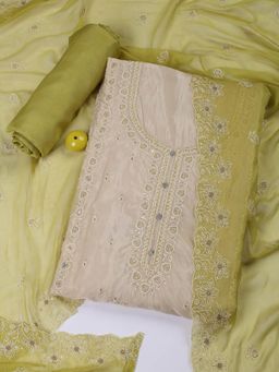 MEENA BAZAAR - Cream Embroidered Organza Unstitched Dress Material with Dupatta