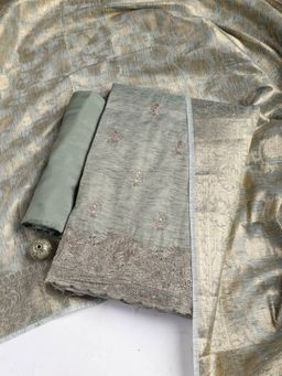 MEENA BAZAAR - Green Embroidered Chanderi Unstitched Dress Material with Dupatta