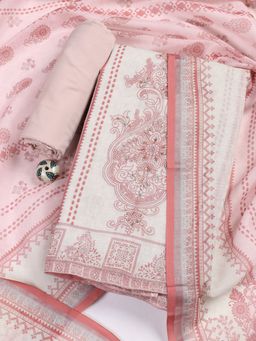 MEENA BAZAAR - White Printed Linen Unstitched Dress Material with Dupatta