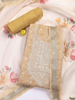 MEENA BAZAAR - Mustard Printed Linen Unstitched Dress Material with Dupatta