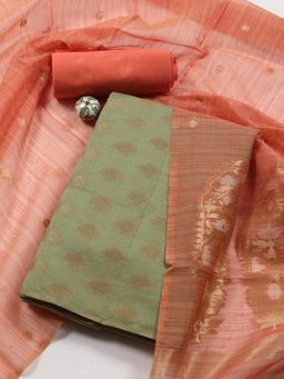 MEENA BAZAAR - Green Woven Chanderi Unstitched Dress Material with Dupatta