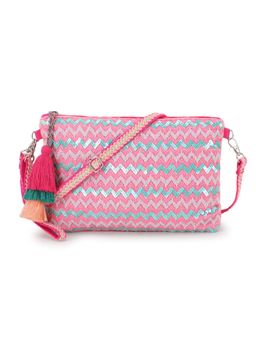Anekaant - Ghoomar Pink & Multi Cotton Jacquard Chevron Embellished Sling Bag