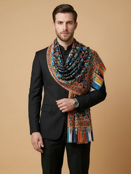 MUFFLY - Bamboo Silk Black Ethnic Floral Border Men Stole