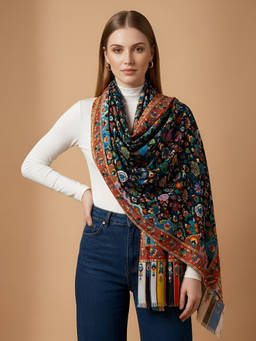MUFFLY - Bamboo Silk Black Ethnic Floral Border Stole