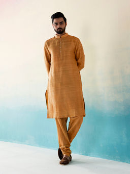 WeaverStory - Classic Raw Silk Ochre Yellow Kurta with Pant (Set of 2)