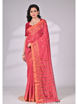 SAANTHA - Deep Rose Cotton Silk with Golden Border Saree with Unstitched Blouse