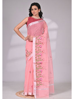 SAANTHA - Embroidered Peach Kota Doria Saree with Unstitched Blouse
