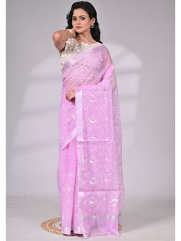 SAANTHA - Lavender Kota Doria with White Thread Embroidery Saree with Unstitched Blouse