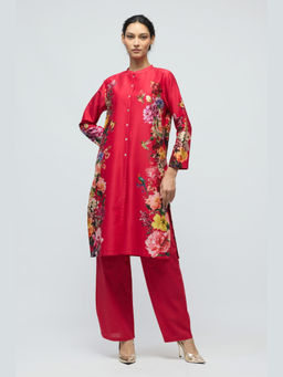 Rohit Bal - Red Floral Printed Chanderi Kurta with Pant