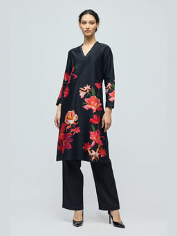 Rohit Bal - Black Floral Printed Chanderi Kurta with Pant