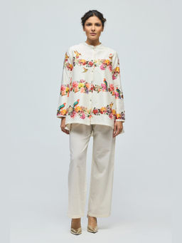 Rohit Bal - Ivory Floral Printed Chanderi Tunic Set with Voile Pant