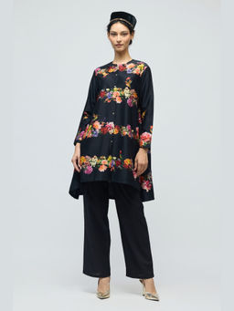 Rohit Bal - Black Floral Printed Chanderi Kurta with Pant