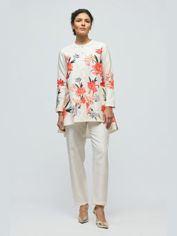 Rohit Bal - Ivory Floral Printed Chanderi Tunic Set with Voile Pant