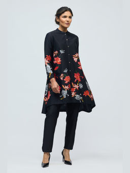 Rohit Bal - Black Floral Printed Chanderi Kurta with Pant