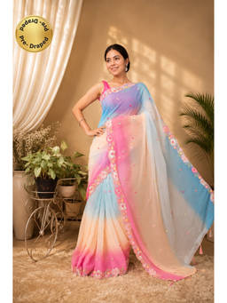 Isadora Life - Womens Ombre Embroidered Multi-Color Pre-Draped Saree With Unstitched Blouse