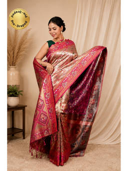 Isadora Life - Womens Woven Zari Pink Pre-Draped Saree With Unstitched Blouse