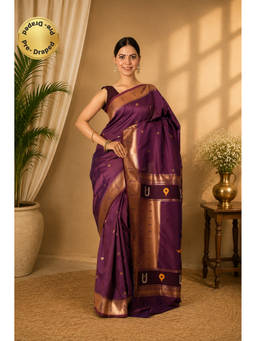Isadora Life - Womens Woven Zari Purple Pre-Draped Saree With Unstitched Blouse