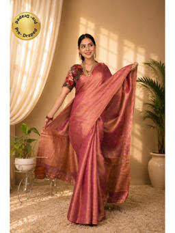 Isadora Life - Womens Woven Tassels Pink Pre-Draped Saree With Unstitched Blouse