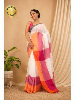 Isadora Life - Womens Colorblock Tassels White Pre-Draped Saree With Unstitched Blouse