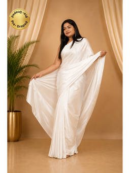 Isadora Life - Womens Plain White Pre-Draped Saree With Unstitched Blouse