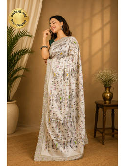 Isadora Life - Womens Printed White Pre-Draped Saree With Unstitched Blouse