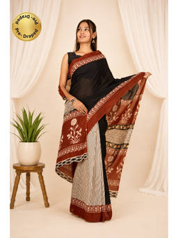 Isadora Life - Womens Printed Multi-Color Pre-Draped Saree with Unstitched Blouse