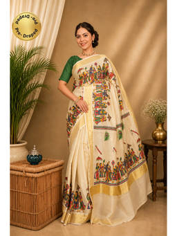 Isadora Life - Womens Zari Printed Beige Pre-Draped Saree with Unstitched Blouse