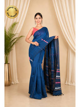 Isadora Life - Womens Embroidered Tassels Blue Pre-Draped Saree with Unstitched Blouse