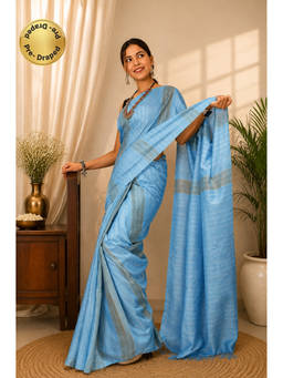 Isadora Life - Womens Stripes Tassels Blue Pre-Draped Saree With Unstitched Blouse