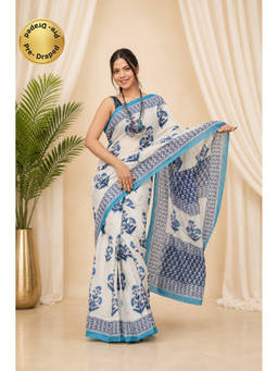 Isadora Life - Womens Floral Printed White Pre-Draped Saree With Unstitched Blouse