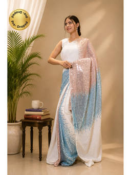 Isadora Life - Womens Embroidered Sequined Multi-Color Pre-Draped Saree With Unstitched Blouse