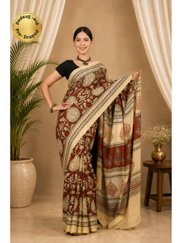 Isadora Life - Womens Block Print Maroon Pre-Draped Saree With Unstitched Blouse