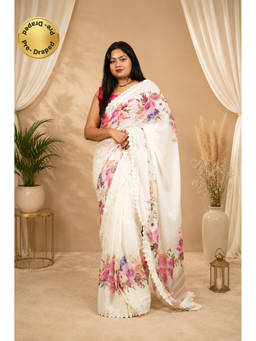 Isadora Life - Womens Embroidered Lace Work White Pre-Draped Saree With Unstitched Blouse
