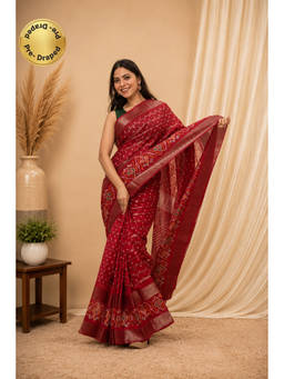 Isadora Life - Womens Bandhani Printed Red Pre-Draped Saree With Unstitched Blouse