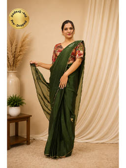 Isadora Life - Womens Embroidered Sequined Green Pre-Draped Saree With Unstitched Blouse