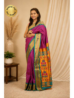 Isadora Life - Womens Woven Zari Purple Pre-Draped Saree With Unstitched Blouse