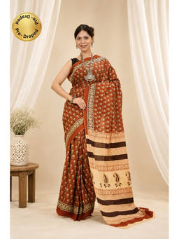 Isadora Life - Womens Floral Printed Brown Pre-Draped Saree With Unstitched Blouse