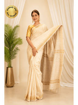 Isadora Life - Womens Checks Zari Ivory Pre-Draped Saree With Unstitched Blouse