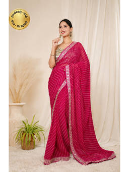 Isadora Life - Womens Printed Embroidered Pink Pre-Draped Saree With Unstitched Blouse