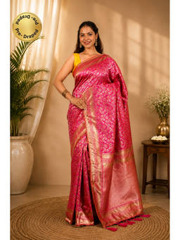 Isadora Life - Womens Woven Zari Pink Pre-Draped Saree With Unstitched Blouse