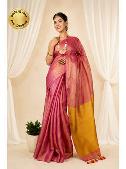 Isadora Life - Womens Woven Tassels Pink Pre-Draped Saree With Unstitched Blouse