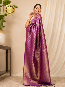 Isadora Life - Womens Woven Tassels Purple Pre-Draped Saree With Unstitched Blouse